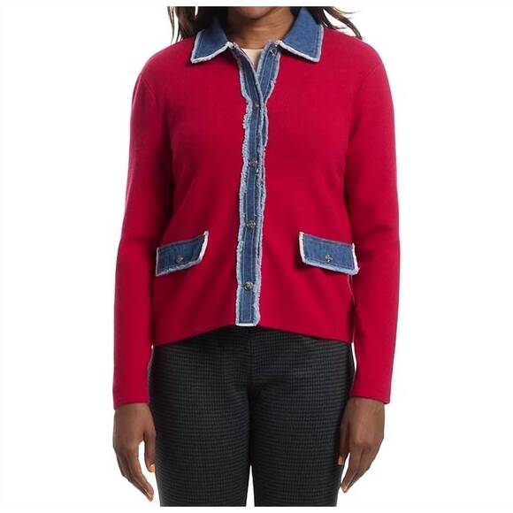 NEW ELLIOTT LAUREN stitch perfect sweater jacket with denim trim detail in red